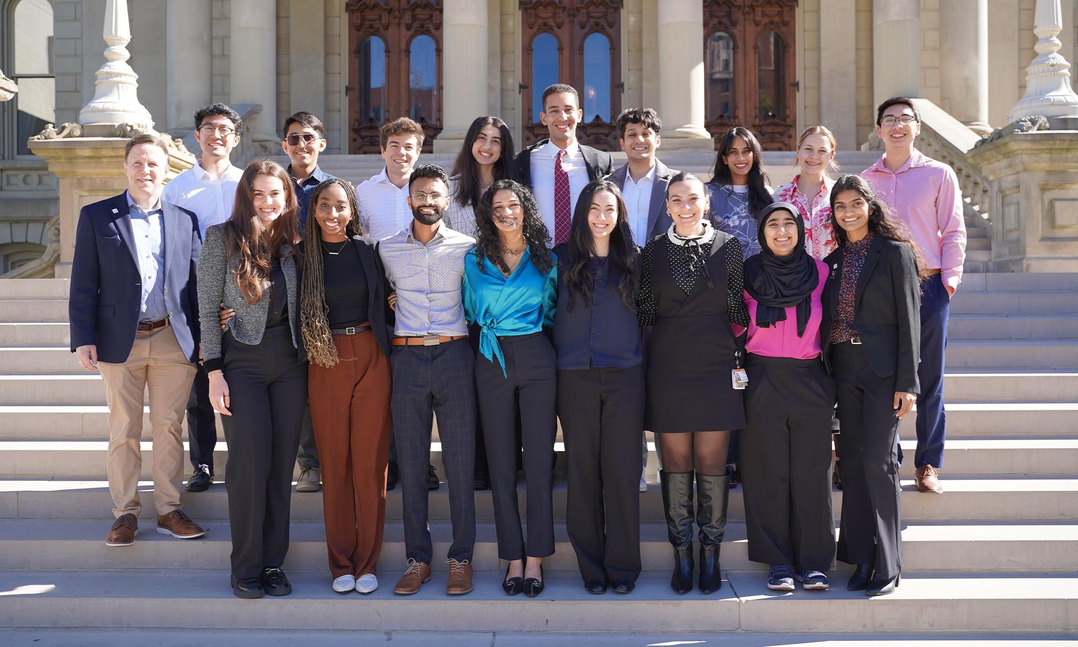 An image of the OUWB cohort that went to Lansing in front of the Michigan Capitol building